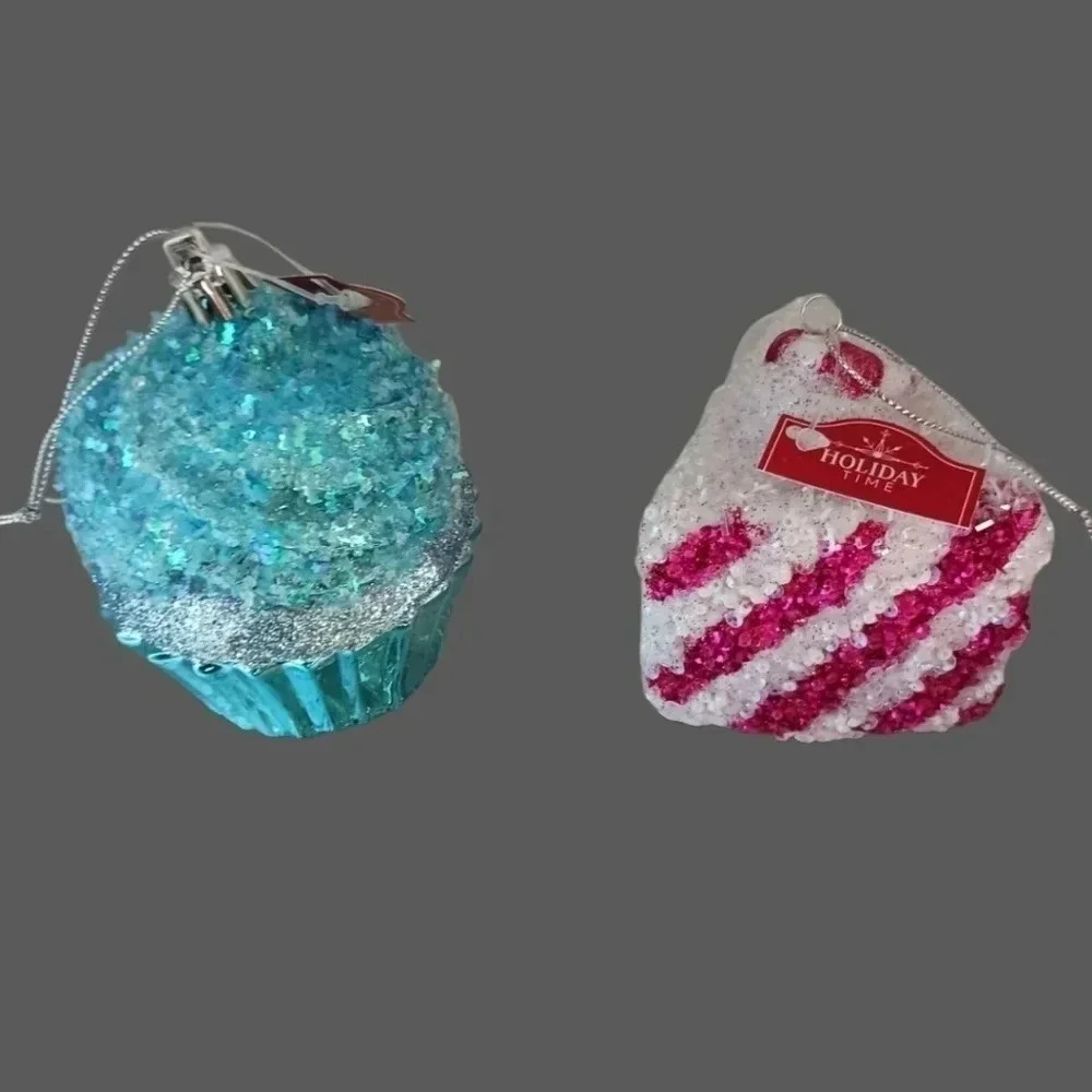 Holiday time peppermint cake slice and cupcake christmas ornaments set of 2